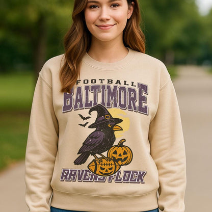 Vintage Style Baltimore Spooky Sweatshirt | Ravens Flock Halloween Football Shirt | Spooky Crow Pumpkin Shirt | Fall Sports Fan Gift