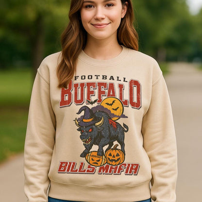 Vintage Style Buffalo Spooky Sweatshirt | Bills Mafia Halloween Football Shirt | Spooky Crow Pumpkin Shirt | Fall Sports Fan Gift