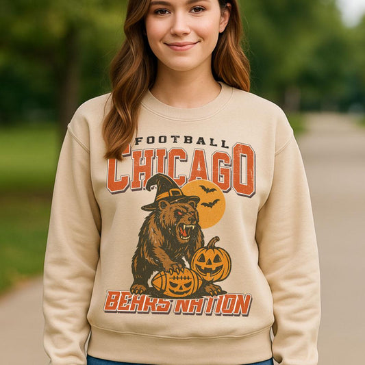 Vintage Style Chicago Spooky Sweatshirt | Bears Nation Halloween Football Shirt | Spooky Crow Pumpkin Shirt | Fall Sports Fan Gift