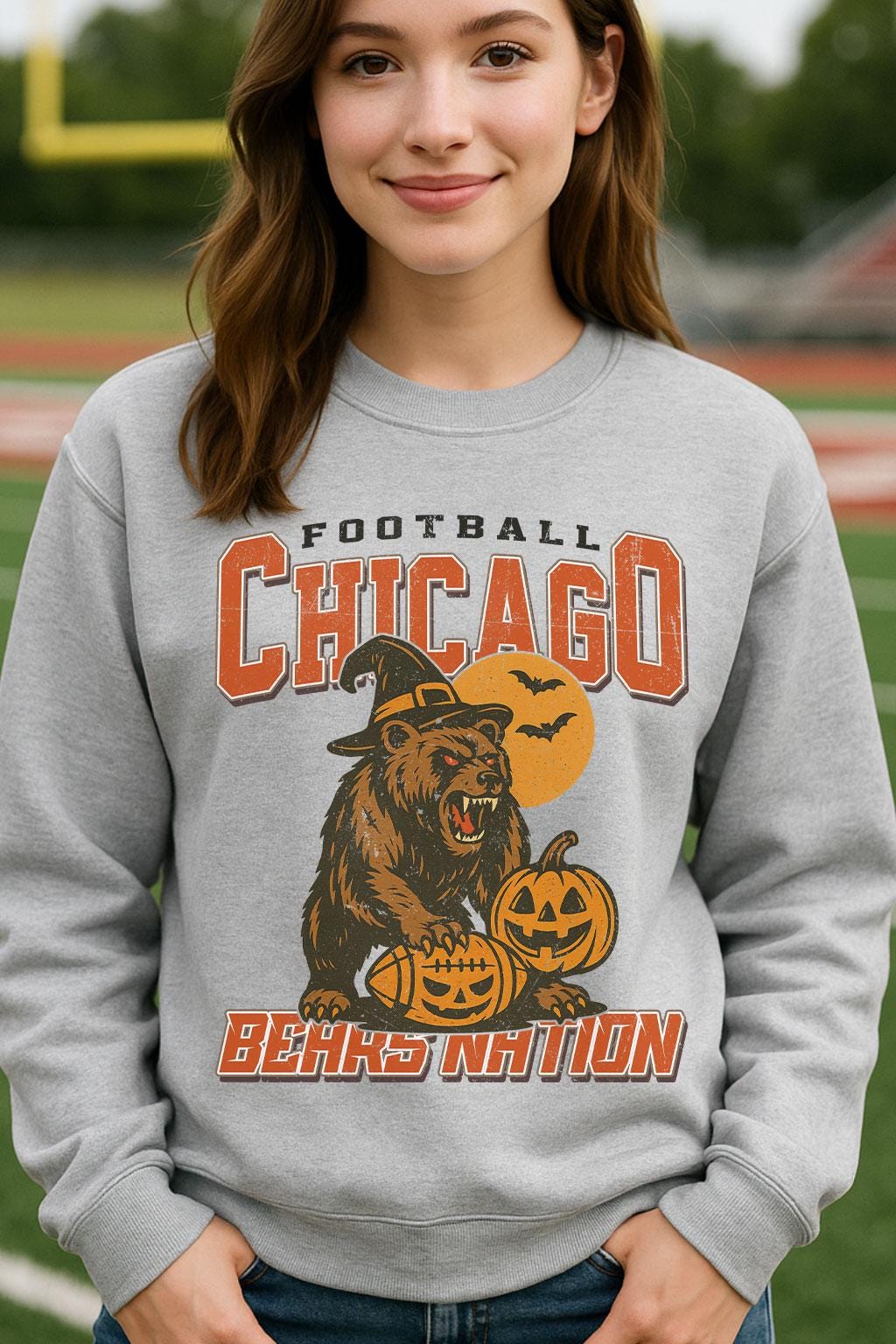 Vintage Style Chicago Spooky Sweatshirt | Bears Nation Halloween Football Shirt | Spooky Crow Pumpkin Shirt | Fall Sports Fan Gift