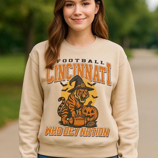 Vintage Style Cincinnati Spooky Sweatshirt | Who Dey Nation Halloween Football Shirt | Spooky Crow Pumpkin Shirt | Fall Sports Fan Gift