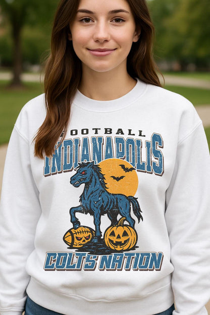 Vintage Style Indianapolis Spooky Sweatshirt | Colts Nation Halloween Football Shirt | Spooky Crow Pumpkin Shirt | Fall Sports Fan Gift