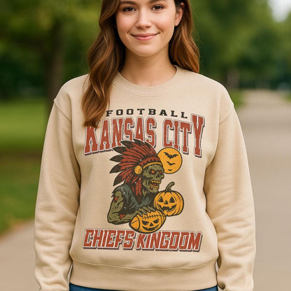 Vintage Style Kansas Spooky Sweatshirt | Chiefs Kingdom Halloween Football Shirt | Spooky Crow Pumpkin Shirt | Fall Sports Fan Gift