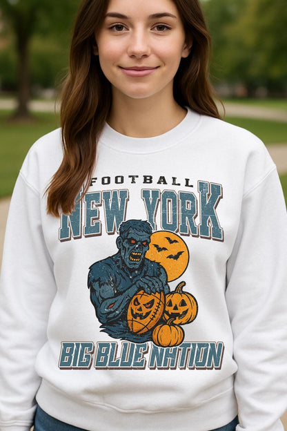 Vintage Style New York Spooky Sweatshirt | Big Blue Nation Halloween Football Shirt | Spooky Crow Pumpkin Shirt | Fall Sports Fan Gift
