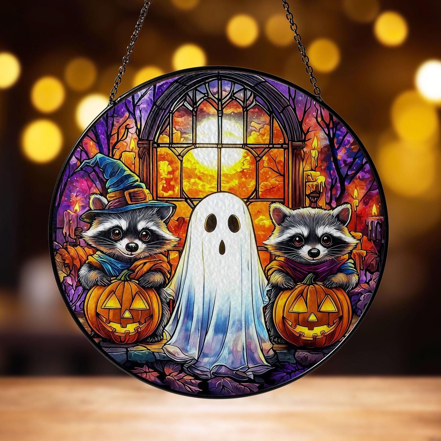Halloween Stained Glass Suncatcher with Raccoons and Ghost, Autumn Pumpkin Decoration, Spooky Window Hanging for Fall Season