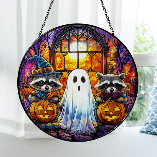 Halloween Stained Glass Suncatcher with Raccoons and Ghost, Autumn Pumpkin Decoration, Spooky Window Hanging for Fall Season