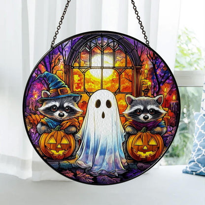 Halloween Stained Glass Suncatcher with Raccoons and Ghost, Autumn Pumpkin Decoration, Spooky Window Hanging for Fall Season