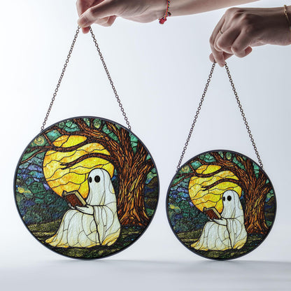 Ghost Reading Under Moonlight Stained Glass Suncatcher, Autumn Tree and Full Moon Design, Perfect Home Decor for Sunlight Reflection