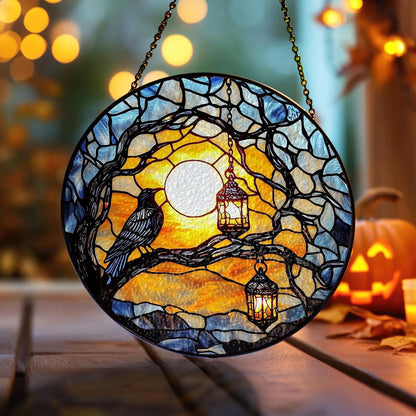 Raven on Tree Branch Stained Glass Suncatcher with Glowing Sunset Sky and Hanging Lanterns, Round Window Panel for Home Decor and Gifts