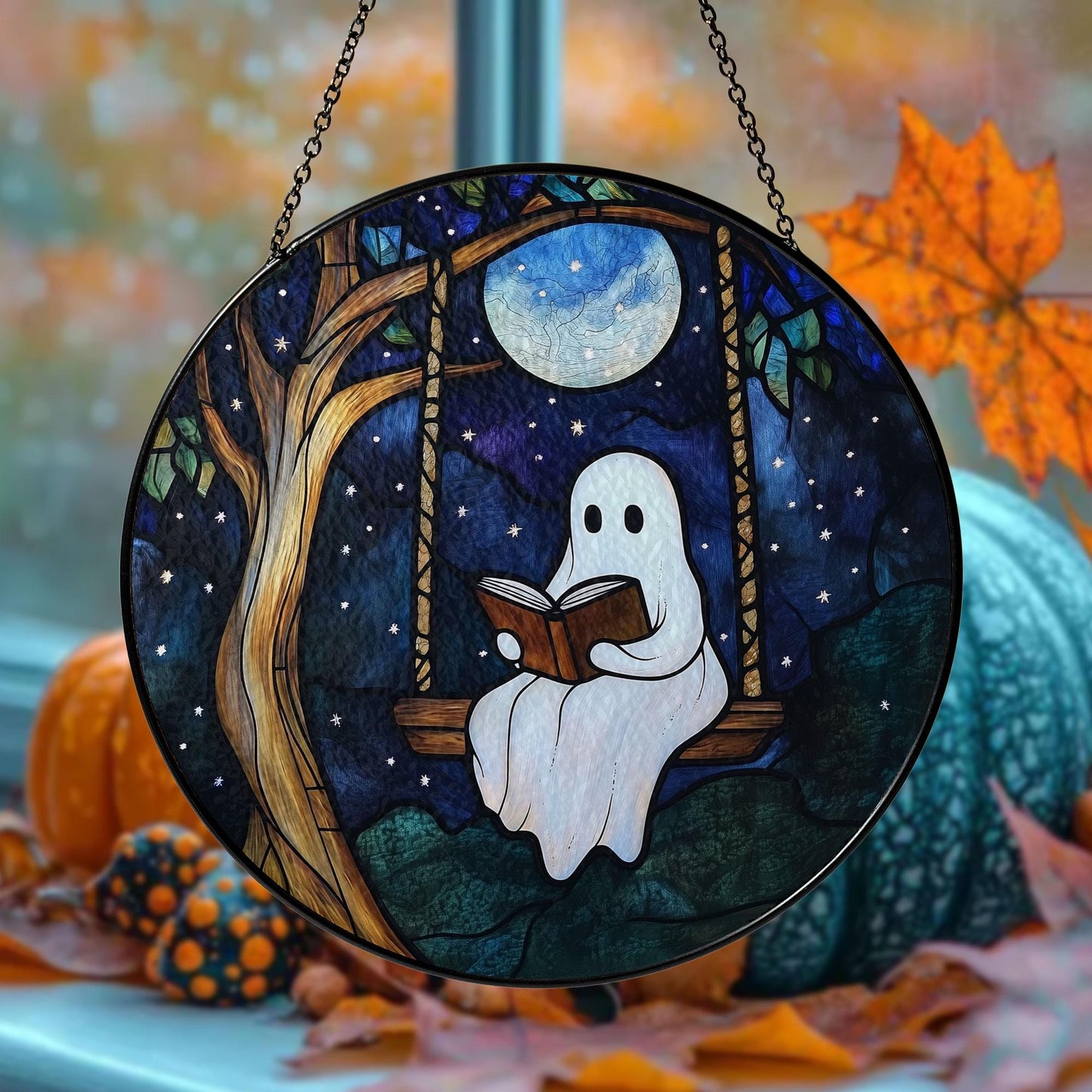 Ghost Reading on Swing Stained Glass Suncatcher with Full Moon and Starry Night Sky, Round Hanging Window Panel for Whimsical Home Decor