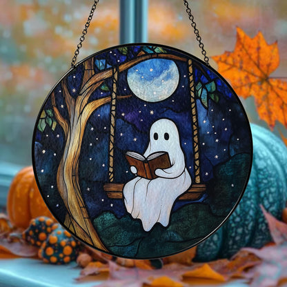 Ghost Reading on Swing Stained Glass Suncatcher with Full Moon and Starry Night Sky, Round Hanging Window Panel for Whimsical Home Decor