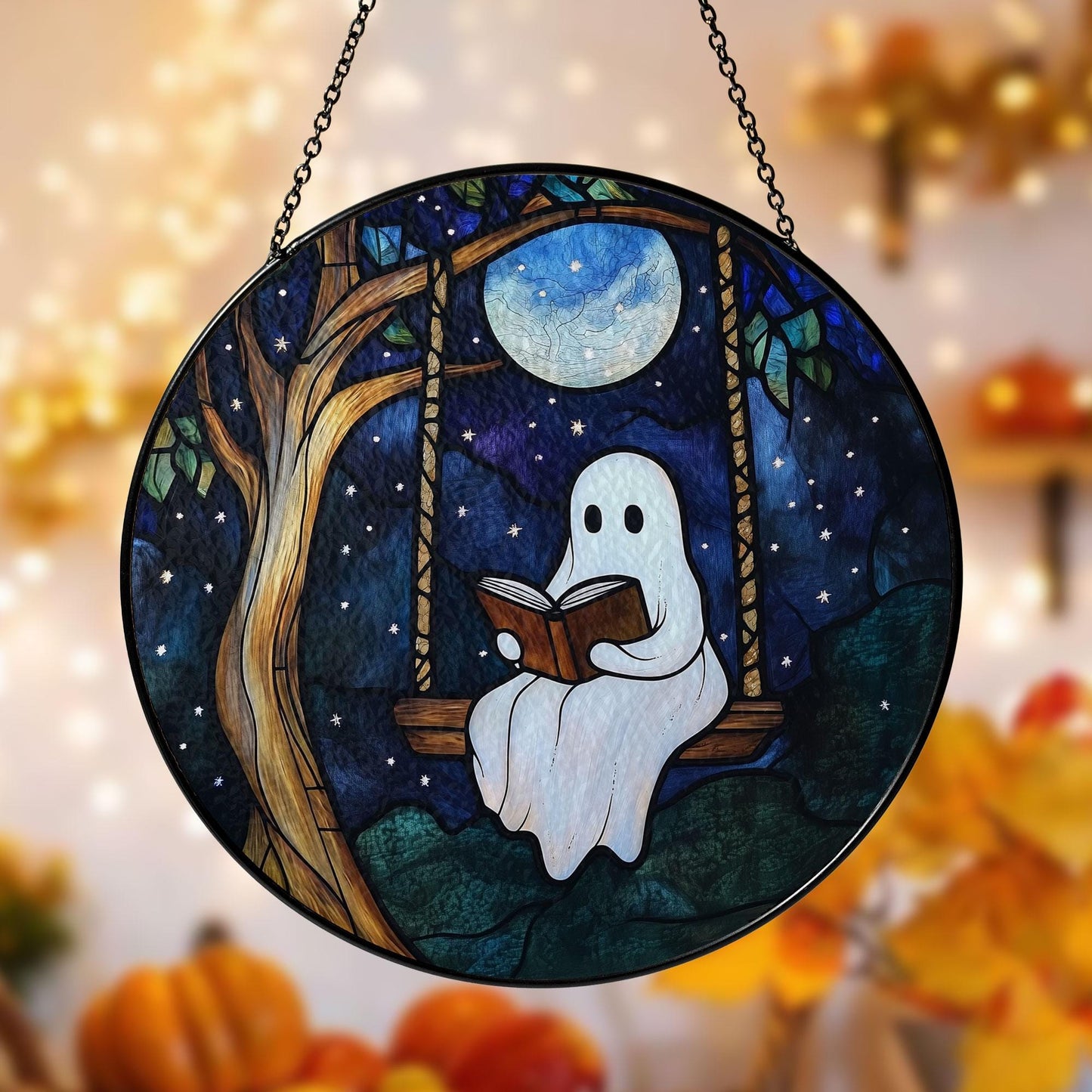 Ghost Reading on Swing Stained Glass Suncatcher with Full Moon and Starry Night Sky, Round Hanging Window Panel for Whimsical Home Decor