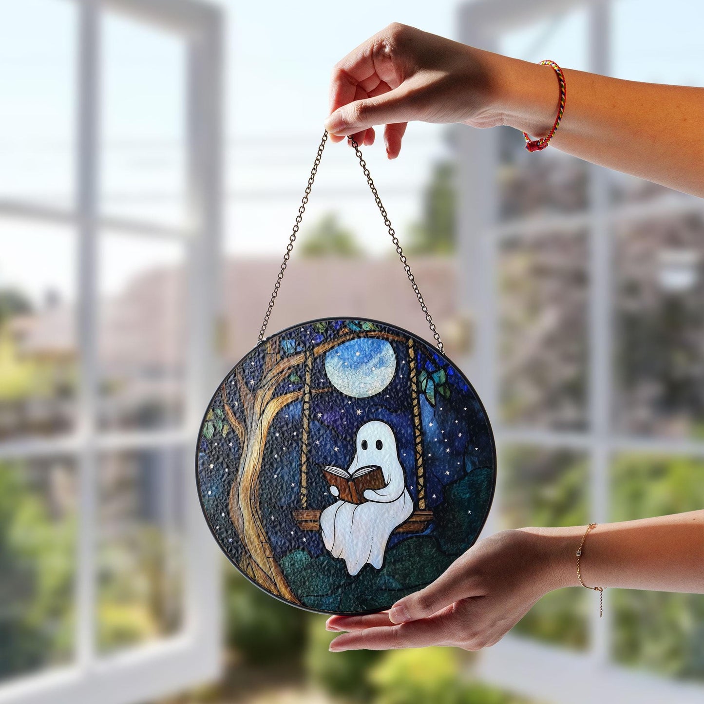 Ghost Reading on Swing Stained Glass Suncatcher with Full Moon and Starry Night Sky, Round Hanging Window Panel for Whimsical Home Decor