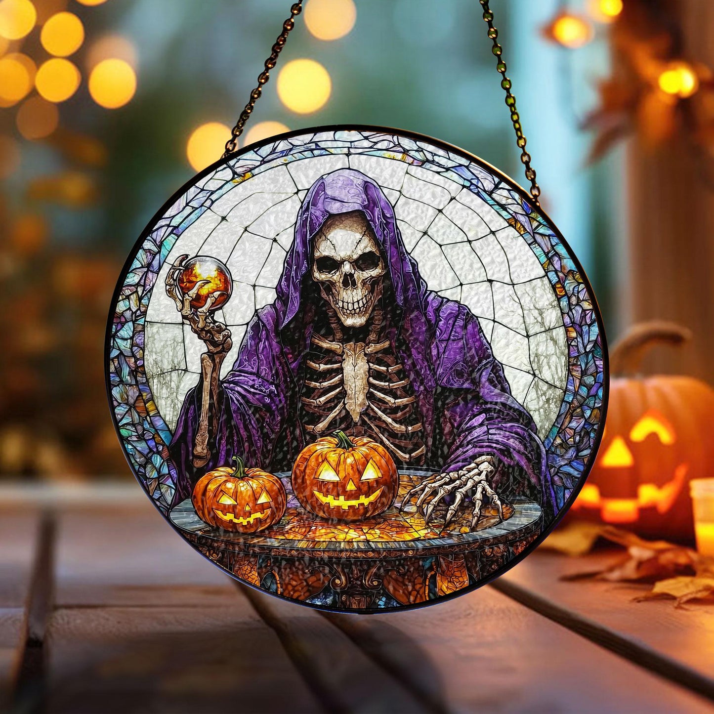 Grim Reaper with Pumpkins Stained Glass Suncatcher, Skeleton in Purple Hood Holding Crystal Ball, Round Halloween Window Hanging Decor
