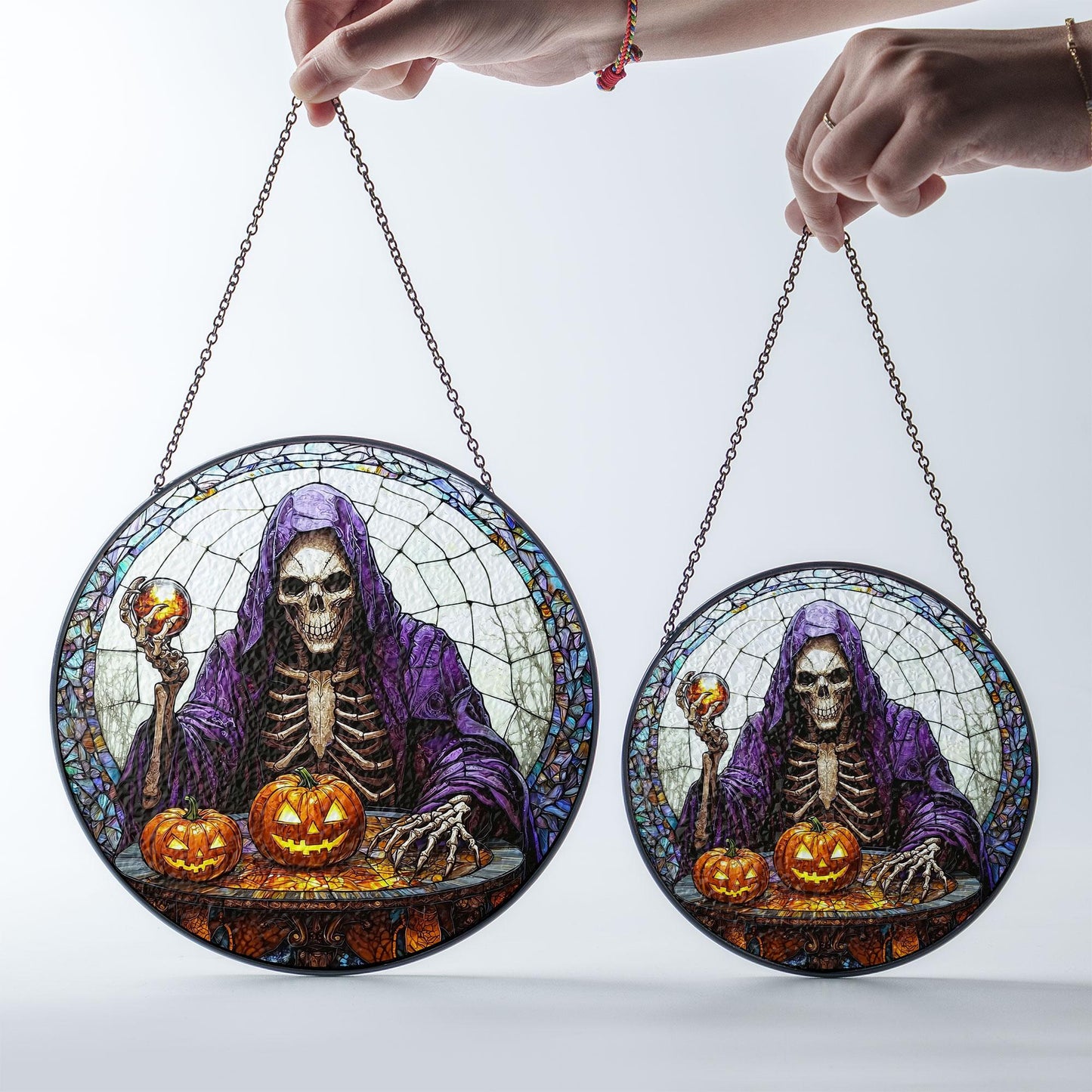 Grim Reaper with Pumpkins Stained Glass Suncatcher, Skeleton in Purple Hood Holding Crystal Ball, Round Halloween Window Hanging Decor