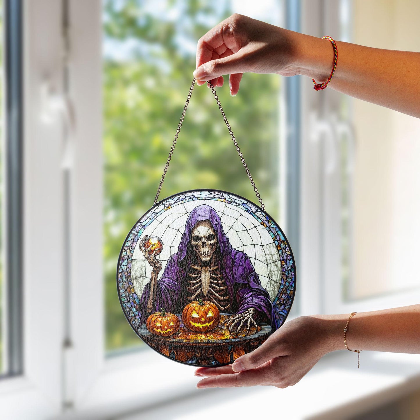 Grim Reaper with Pumpkins Stained Glass Suncatcher, Skeleton in Purple Hood Holding Crystal Ball, Round Halloween Window Hanging Decor