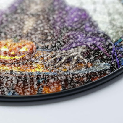 Grim Reaper with Pumpkins Stained Glass Suncatcher, Skeleton in Purple Hood Holding Crystal Ball, Round Halloween Window Hanging Decor