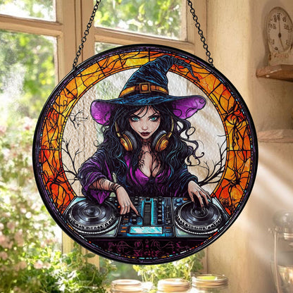 Magical Witch DJ Stained Glass Suncatcher - Enchanting Witchcraft & Music Lover Home Decor, Handcrafted Window Art, Perfect Unique Gift