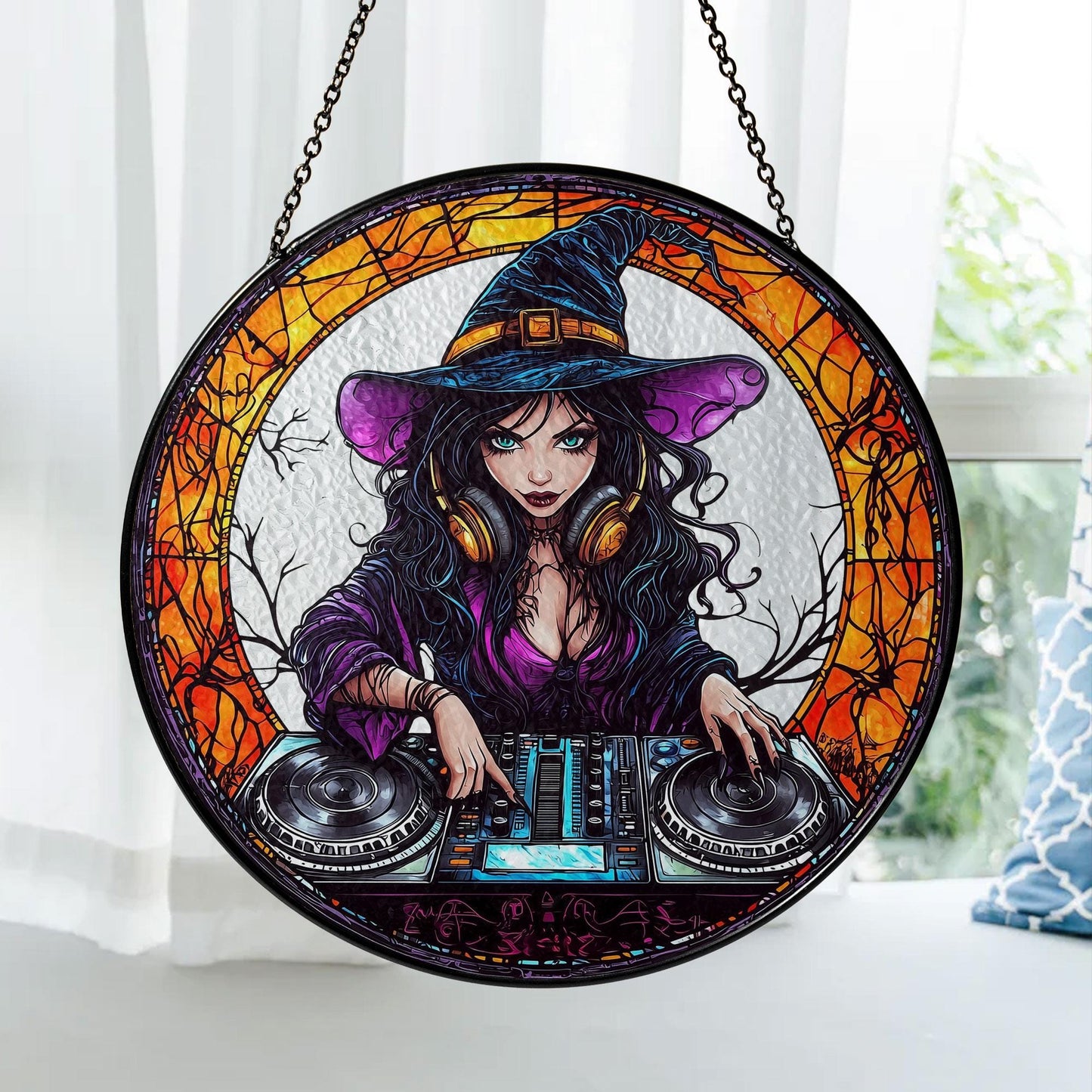 Magical Witch DJ Stained Glass Suncatcher - Enchanting Witchcraft & Music Lover Home Decor, Handcrafted Window Art, Perfect Unique Gift