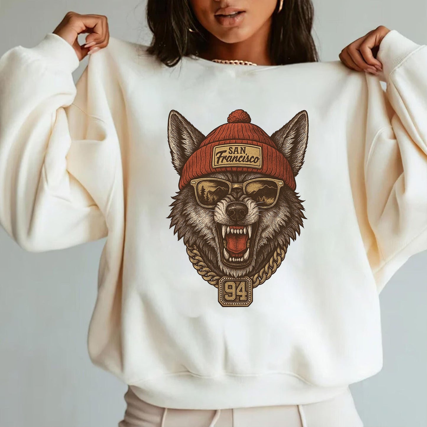 San Francisco Wolf Graphic Sweatshirt, Retro Hip Hop Streetwear Shirt, Cool Oversized Pullover, Vintage Graphic Tee, Unisex Fashion Top