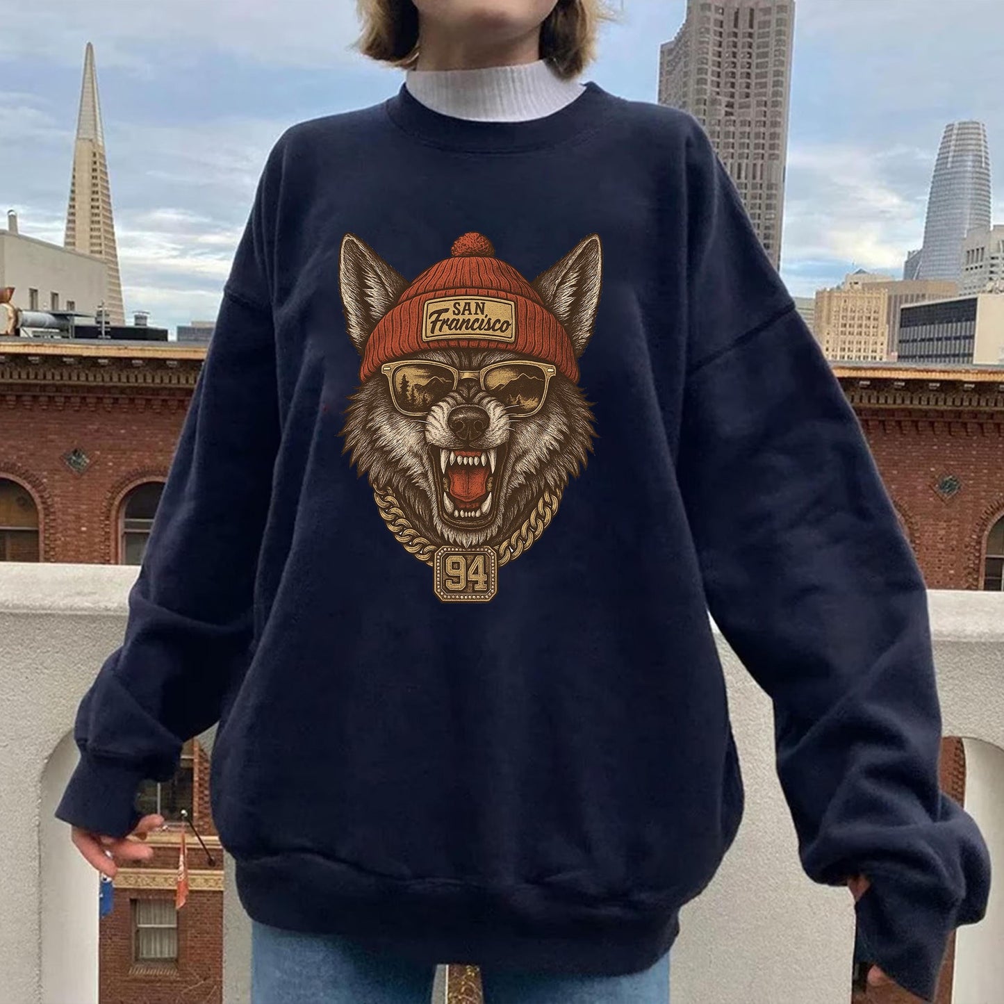 San Francisco Wolf Graphic Sweatshirt, Retro Hip Hop Streetwear Shirt, Cool Oversized Pullover, Vintage Graphic Tee, Unisex Fashion Top