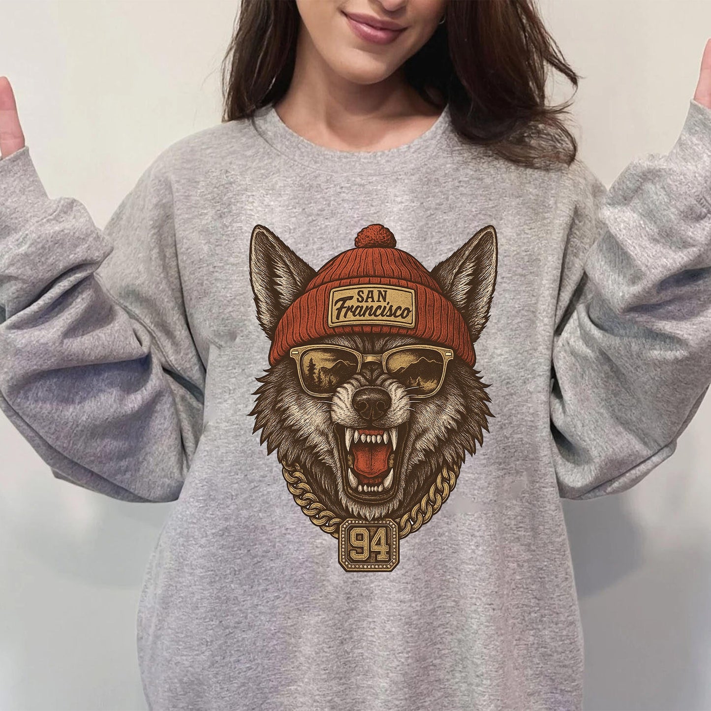 San Francisco Wolf Graphic Sweatshirt, Retro Hip Hop Streetwear Shirt, Cool Oversized Pullover, Vintage Graphic Tee, Unisex Fashion Top