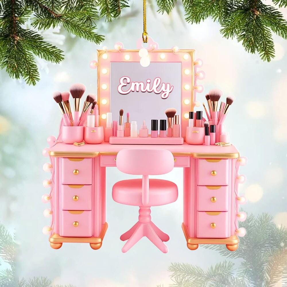 Personalized Makeup Christmas Ornaments, Makeup Table 2D Flat Ornament, Gifts for Makeup Artist, Girls