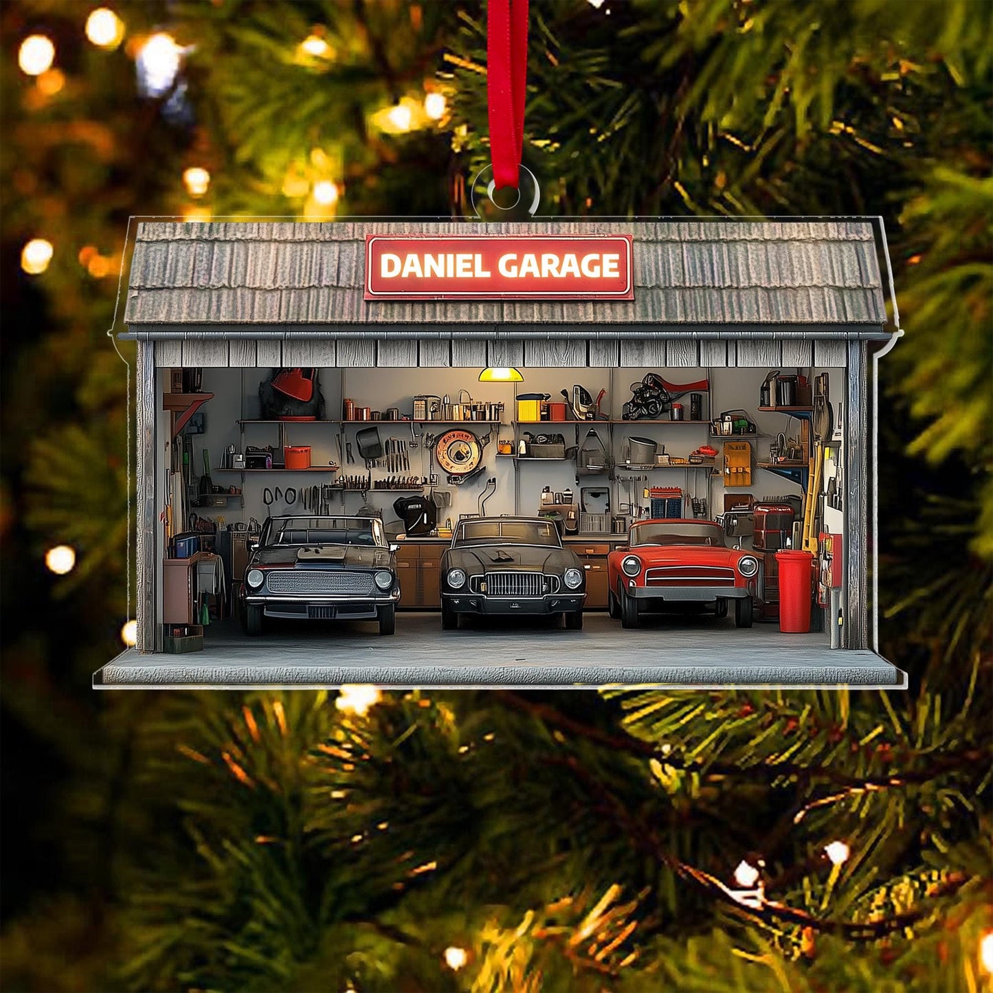 Personalized  Auto Garage Ornament, Custom Car Fixing Center 2D Acrylic Flat Ornament, Mechanic Ornament Gift, Mechanic Repair Shop Decor