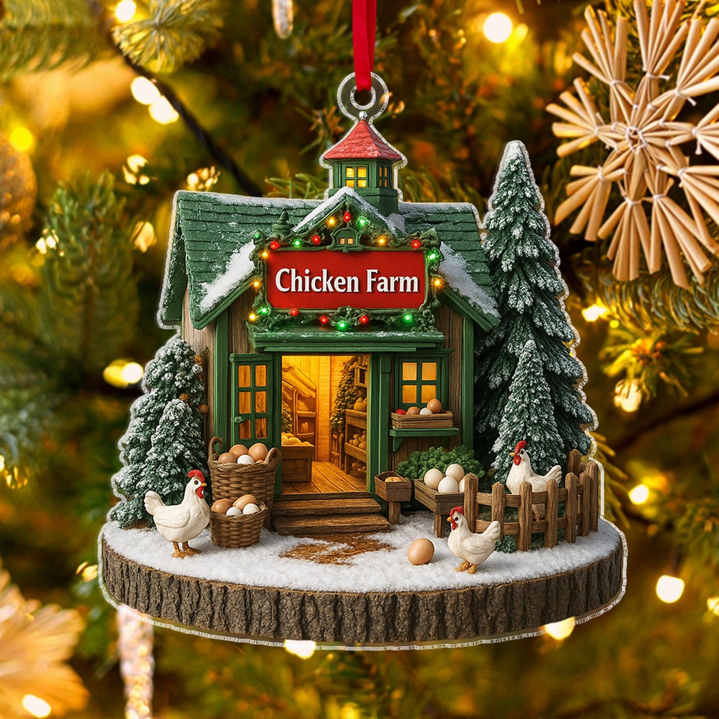 Personalized Chicken Farm Ornament, Custom Chicken Ornament 2D Flat, Farmhouse Christmas Ornament, Farm Decor, Gift For Farmer,Chicken Lover