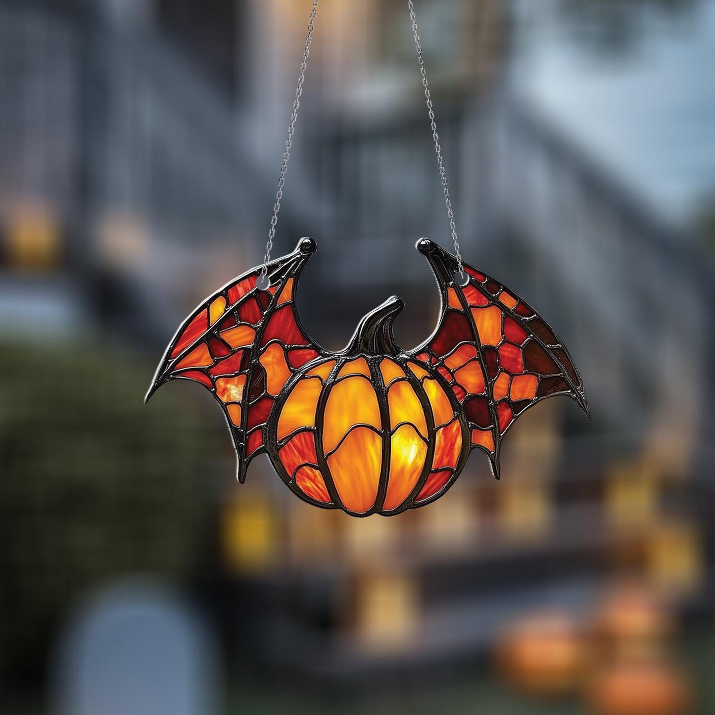 Halloween Bat Pumpkin Window Hanging, Spooky Autumn Decor, Gothic Wall or Window Ornament, Fall Home Decoration Gift Idea