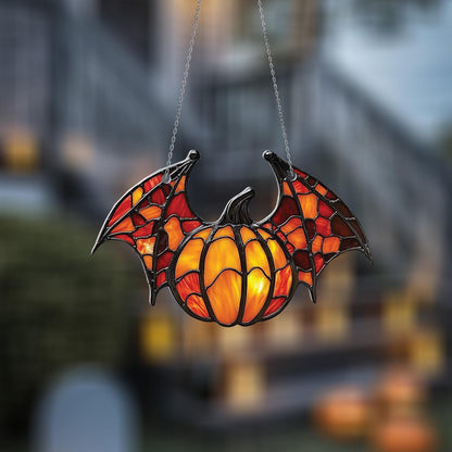 Halloween Bat Pumpkin Window Hanging, Spooky Autumn Decor, Gothic Wall or Window Ornament, Fall Home Decoration Gift Idea