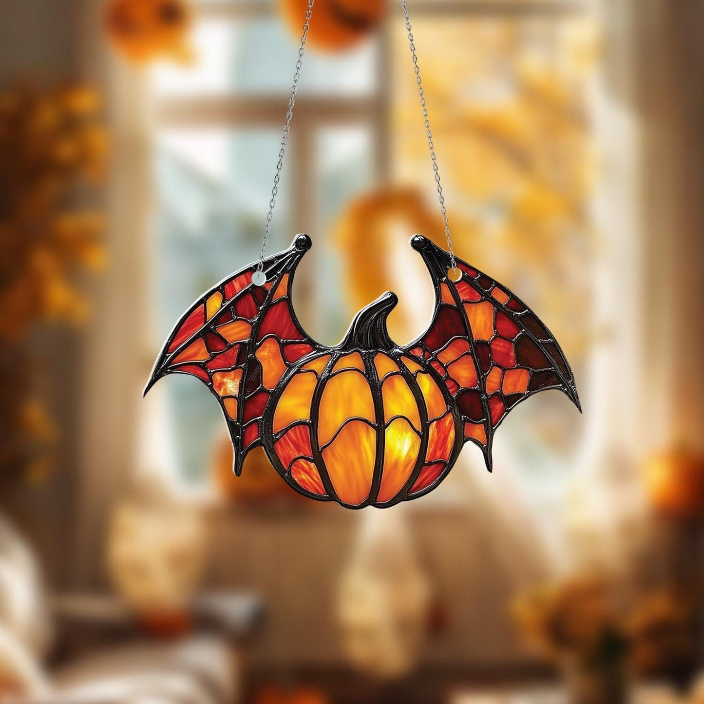 Halloween Bat Pumpkin Window Hanging, Spooky Autumn Decor, Gothic Wall or Window Ornament, Fall Home Decoration Gift Idea