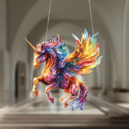 Window Hanging Flying Unicorn In Vibrant Rainbow Colors, Bringing Magic, Beauty, And Whimsical Charm To Your Home Décor