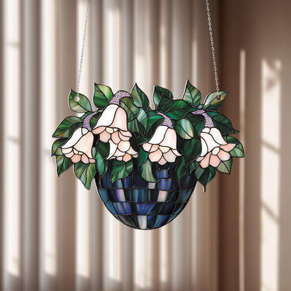 Window Hanging Pink Bell Flowers In Blue Basket, Bringing Elegant Botanical Beauty And Fresh Natural Charm To Your Home Décor