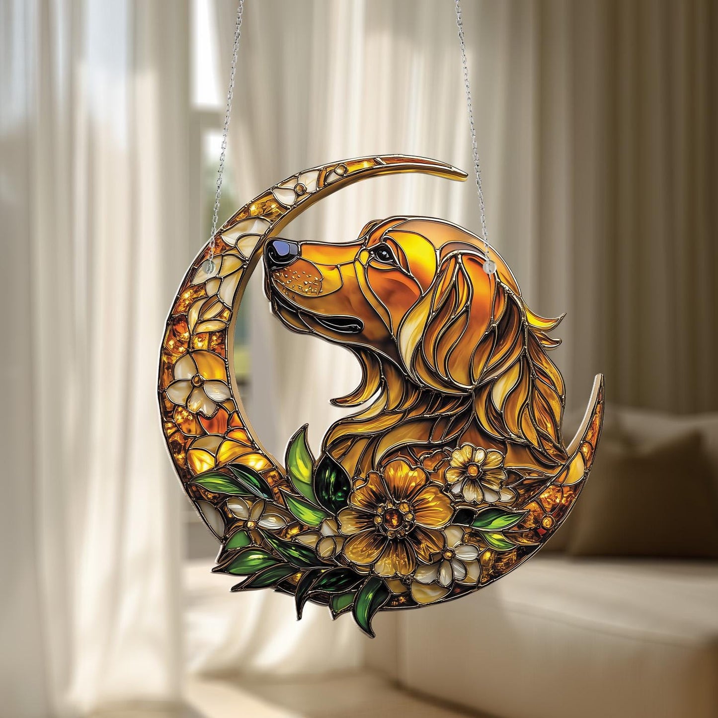 Window Hanging Golden Retriever On Crescent Moon With Flowers, Bringing Warmth, Loyalty, And Artistic Charm To Your Home Décor