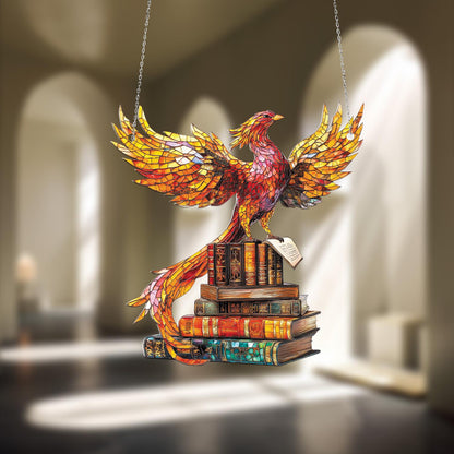 Window Hanging Phoenix On Stack Of Books, Symbolizing Wisdom, Rebirth, And Artistic Brilliance For An Inspiring Home Décor Accent