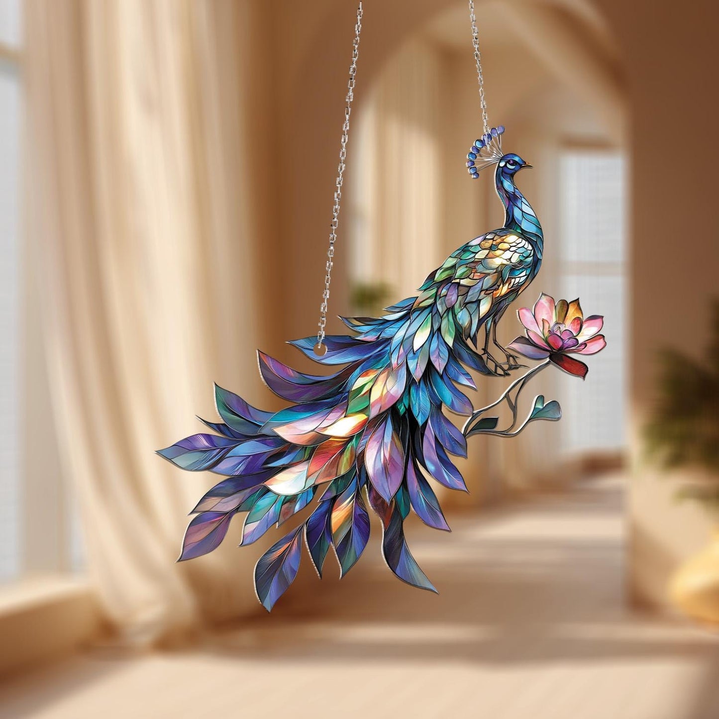 Window Hanging Colorful Peacock With Lotus Flower, Bringing Grace, Beauty, And Artistic Elegance To Your Home Décor