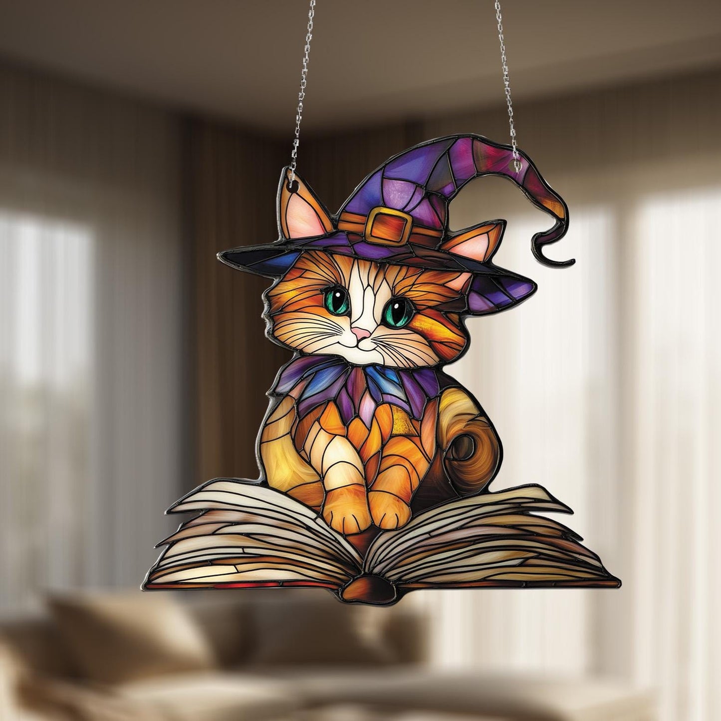 Window Hanging Cute Cat In Witch Hat Sitting On Book, Adding Magical Charm And Whimsical Beauty To Your Home Décor