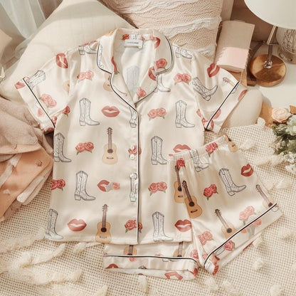 Coquette Cow Girl Satin Pajamas Set, Western Pattern Pajama, Western Pajama, Cowgirl Boot Pajama, Family Pyjamas, Womens Pajamas, Cowboy Pjs