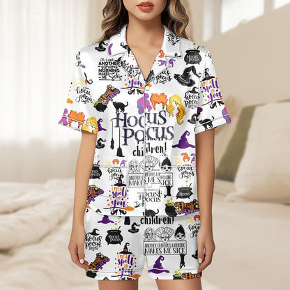 Hocus Pocus Short Satin Pajamas, Witchy Sleepwear Set for Women, Silky Halloween Lounge Outfit, Pajama Shorts, Gift for Hocus Pocus Fan  Pajamas Set