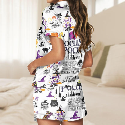 Hocus Pocus Short Satin Pajamas, Witchy Sleepwear Set for Women, Silky Halloween Lounge Outfit, Pajama Shorts, Gift for Hocus Pocus Fan  Pajamas Set