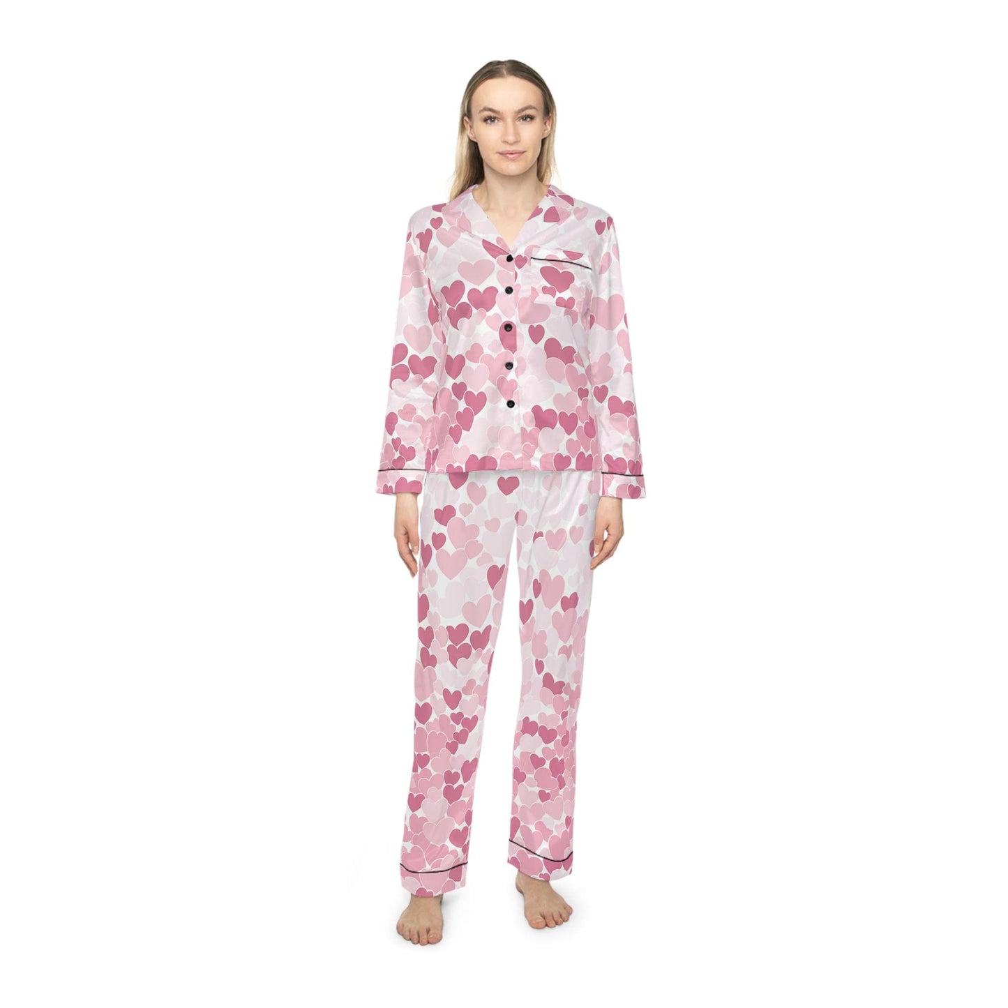 Heart Pattern Satin Pajamas for Women, Soft Lounge Wear Sleepwear Set, Cute PJs Gift for Her, Floral Print PJ Set, Cozy Nightwear, Luxury