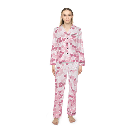 Heart Pattern Satin Pajamas for Women, Soft Lounge Wear Sleepwear Set, Cute PJs Gift for Her, Floral Print PJ Set, Cozy Nightwear, Luxury