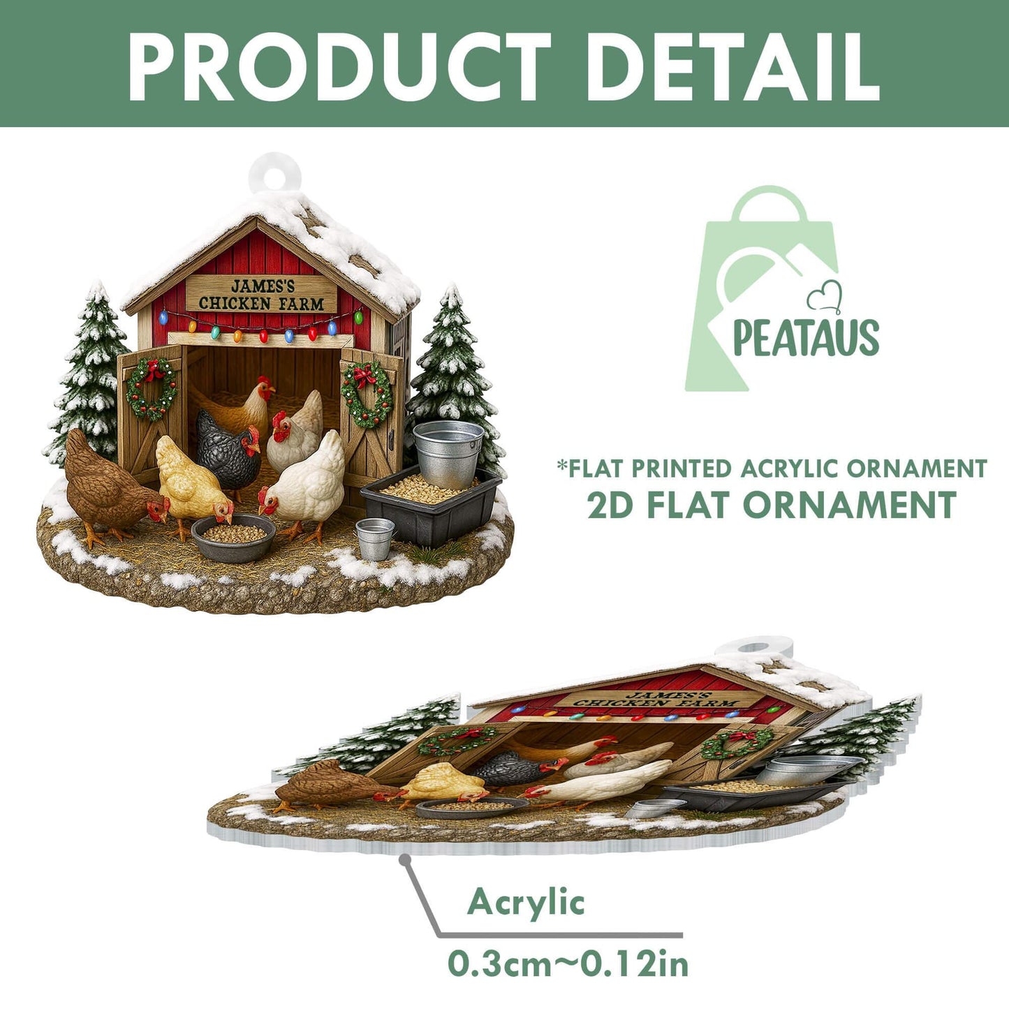 Chicken Farm Ornament, Chicken Ornament 2D Flat, Farmhouse Christmas Ornament, Farm Decor,Gift For Farmer,Chicken Lover,Custom Barn Ornament