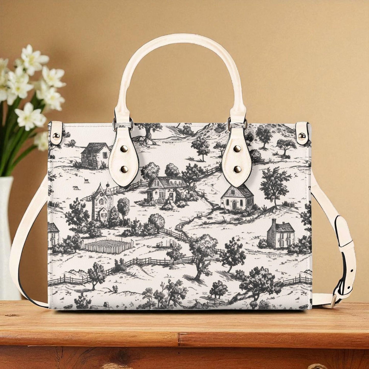 Noir Echo Toile | Tote Handbag | Top-Grain Leather Handbag | Vegan Leather | Shoulder Bag | Custom Tote Bag | Trend Gift | Top-Handle Purse