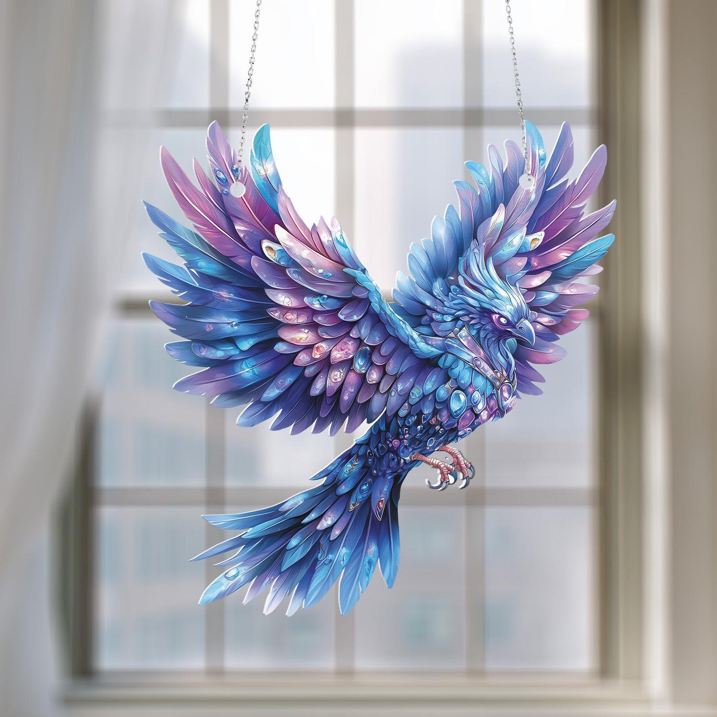 Beautiful Blue & Purple Phoenix Bird Window Hanging Decoration – Vibrant Stained Art Ornament for Home or Gift
