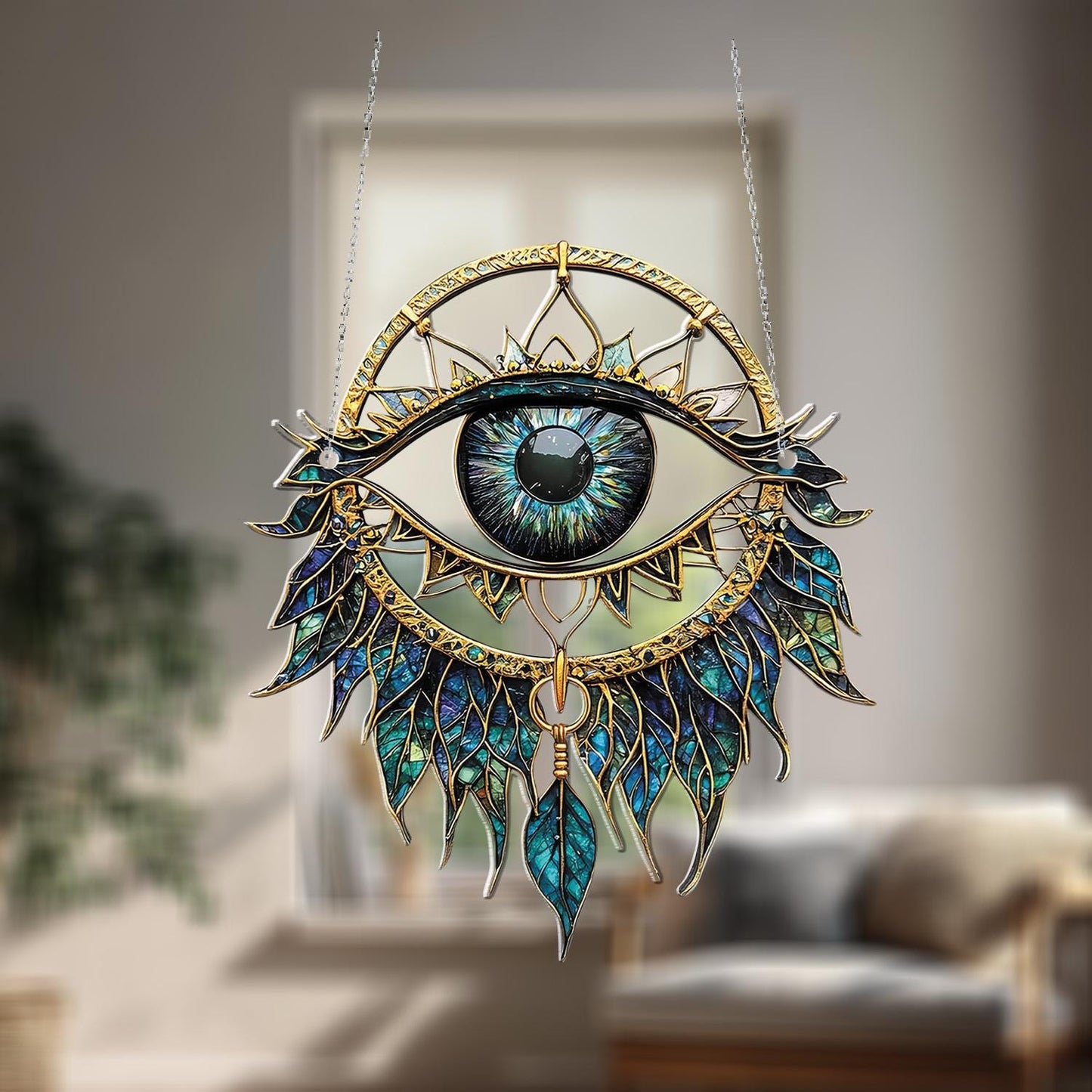 Mystic Eye Window Hanging Decoration – Blue and Gold Boho Ornament for Spiritual Home Décor, Protection Symbol, and Unique Gift