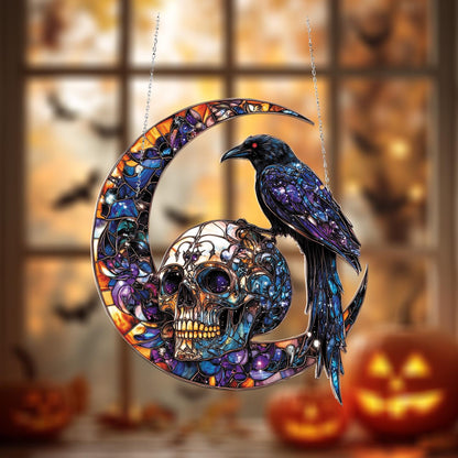 Raven on Skull and Crescent Moon Window Hanging – Gothic Halloween Decoration for Spooky Home Décor and Unique Seasonal Gift