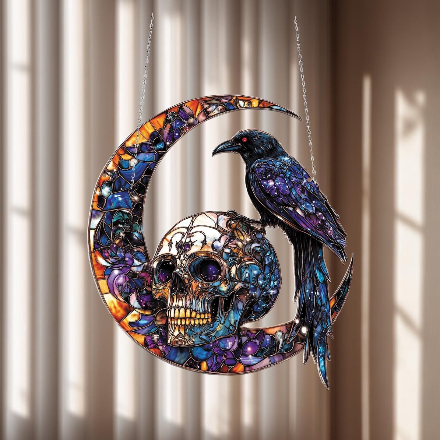 Raven on Skull and Crescent Moon Window Hanging – Gothic Halloween Decoration for Spooky Home Décor and Unique Seasonal Gift