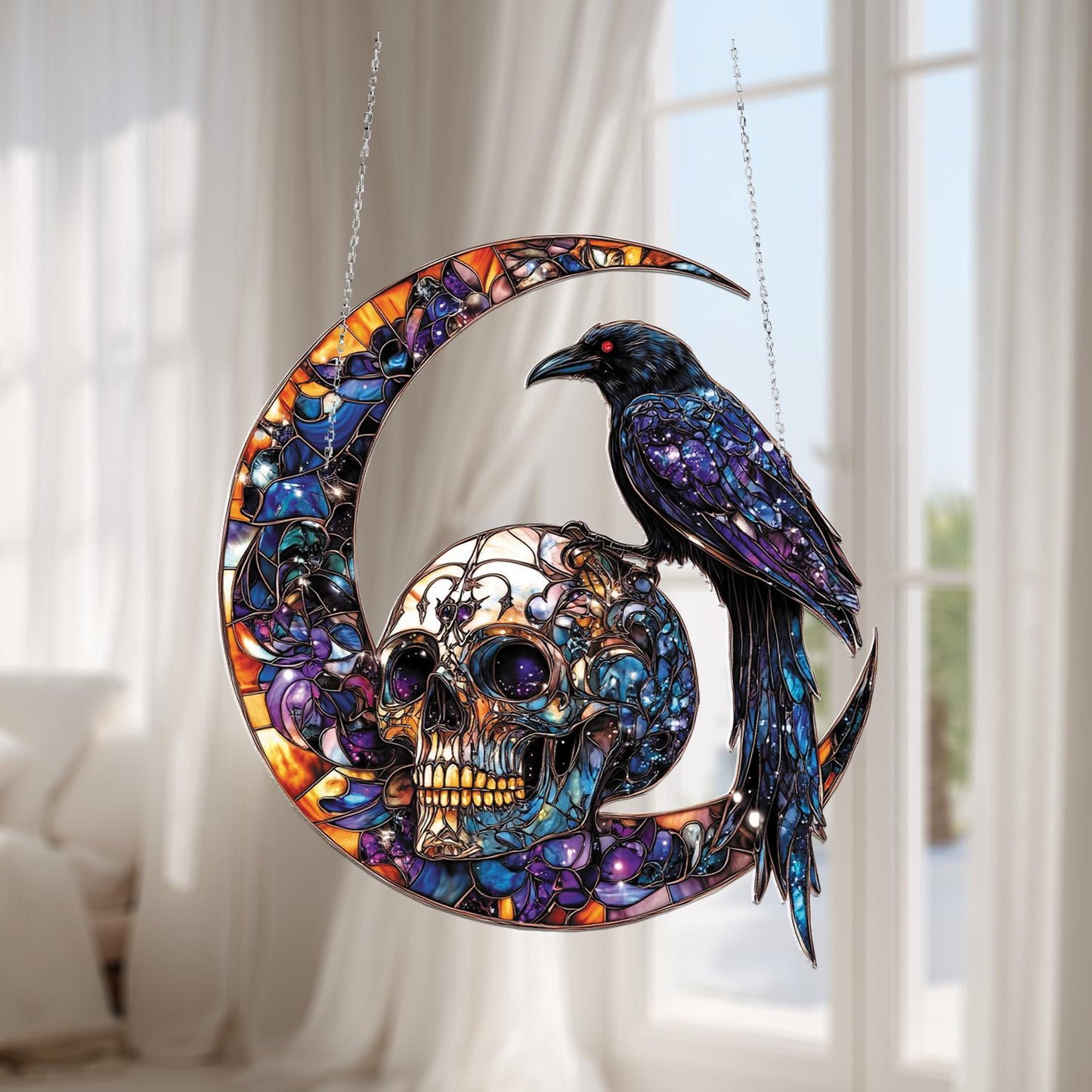 Raven on Skull and Crescent Moon Window Hanging – Gothic Halloween Decoration for Spooky Home Décor and Unique Seasonal Gift